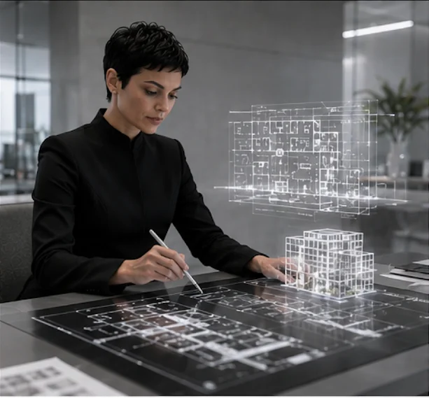 Designer working at an interactive holographic floor-plan table